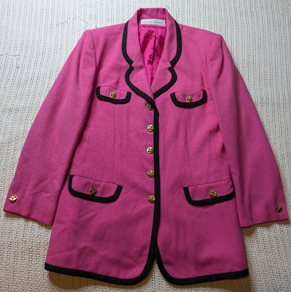 VTG Evan Piccone Women's 12 Vintage Pink Black Wool Blazer Jacket Classic
